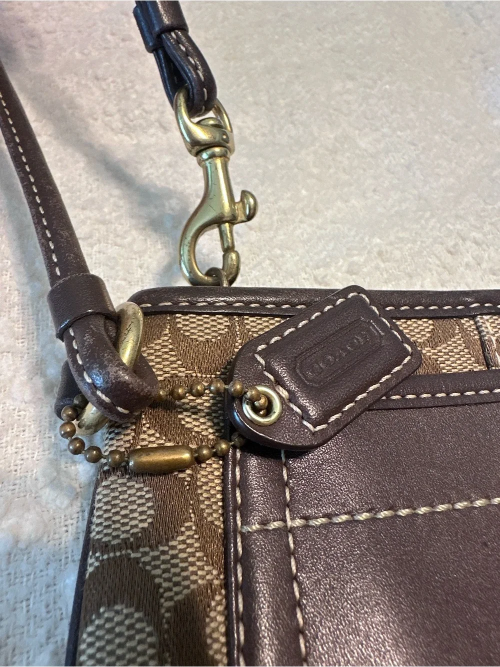 Coach Mini Signature Jacquard Canvas Wristlet in Brown and Dark Brown